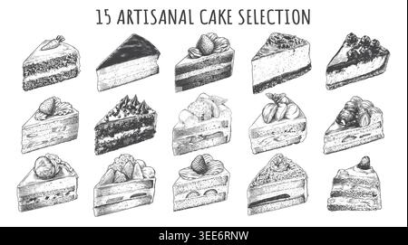 A comprehensive collection of 15 artisanal cake slices rendered in a highly detailed, vintage engraving style. This hand-drawn vector set is perfect f Stock Vector