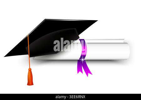 Graduation cap and diploma scroll on white background vector. Ideal for education sites and academic achievement materials. Stock Vector