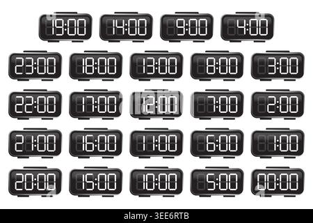 Digital alarm clock set with white led display numbers vector. Ideal for mobile time apps and corporate scheduling graphics. Stock Vector
