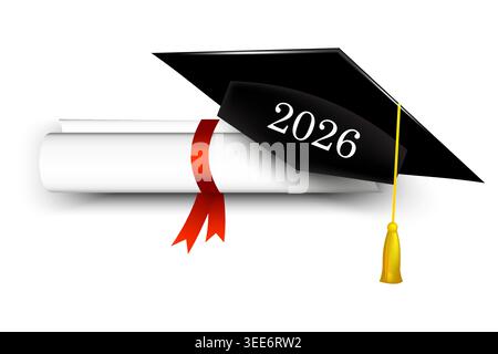 Graduation cap and diploma scroll for class of 2026 Vector. Perfect for academic certificates and school celebration designs. Stock Vector
