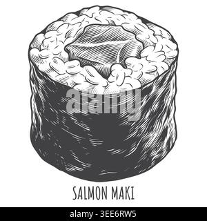 A beautifully detailed California Roll illustrated in a classical engraving style. This hand-drawn vector is perfect for premium Japanese restaurant m Stock Vector