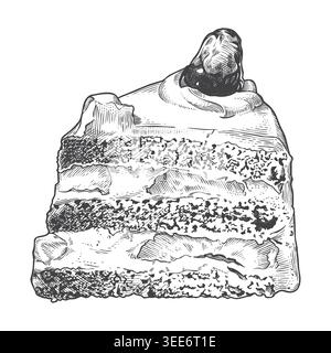 A sophisticated, classical engraving style vector illustration of a cherry or berry-topped layer cake slice. This detailed artwork is perfect for auth Stock Vector