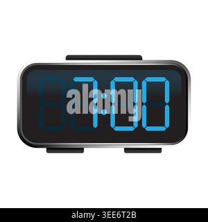 Digital alarm clock showing eight o clock with blue led numbers vector. Great for productivity apps and morning theme design. Stock Vector