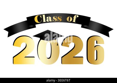 Class of 2026 graduation design with gold numbers and mortarboard vector. Perfect for school ceremony posters and invitation cards. Stock Vector