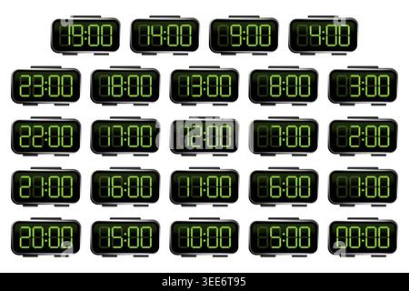 Digital alarm clock collection with green LED numbers vector. Use these graphics for mobile app UI and scheduling projects. Stock Vector