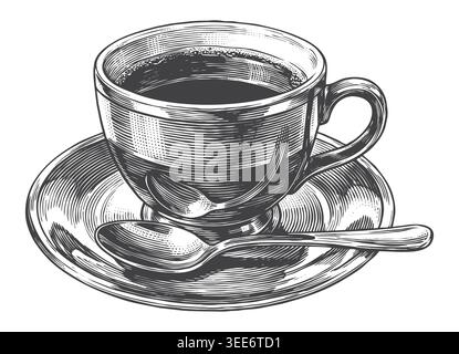 A traditional coffee cup filled with dark espresso or tea, illustrated in a highly detailed engraving style. Ideal for authentic coffee shop branding, Stock Vector