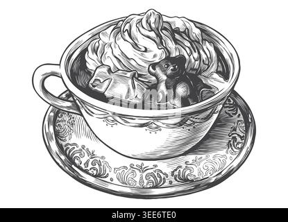 A delightful vector illustration of a hot beverage topped with whipped cream, rendered in a classical engraving style. Perfect for sweet dessert drink Stock Vector