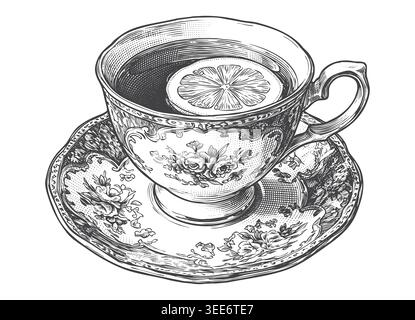 A beautifully crafted vector illustration of an ornate teacup with a lemon slice, rendered in a classical engraving style. Perfect for premium tea pac Stock Vector