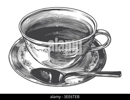 A simple yet elegant wide coffee cup and saucer illustrated in a traditional engraving style. Ideal for minimalist cafe branding, breakfast menus, and Stock Vector