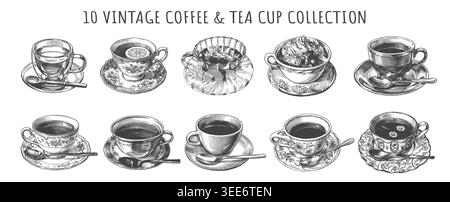 A comprehensive collection of 10 vintage coffee and tea cups illustrated in a classical engraving style. Perfect for cafe menus, coffee shop branding, Stock Vector