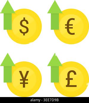Global Currency Gold Coins with Green Growth Arrows. Investment gains, and positive economic trends and financial growth concept Stock Vector