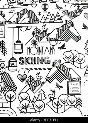 Seamless mountain skiing pattern with ski lifts, trees, deer and alpine landscape in modern black line art style. Stock Photo