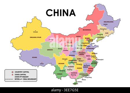 Vector Illustration of Detailed vector map of China with country boundaries and clean design on isolated background, ideal for education and geography Stock Vector