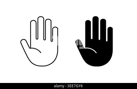 Hand stop. Icon hands. Silhouette hand main isolated on white background. Palm ban sign. Showing gesture stop. Symbol halt. forbidden Logo. Line close Stock Vector