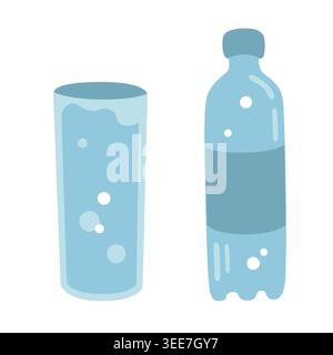 Hand-drawn illustration of glass and bottle of pure water for healthcare, drinking water or sport, medicine projects Stock Vector