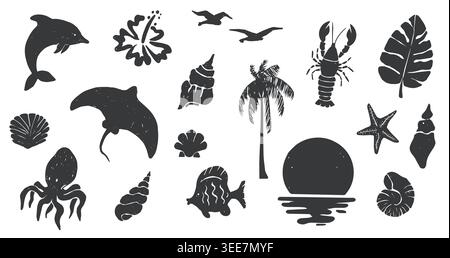 Linocut set featuring sea decoration, corals, and shells. Woodcut vintage marine silhouette print, summer nautical collection. Vector illustration Stock Vector