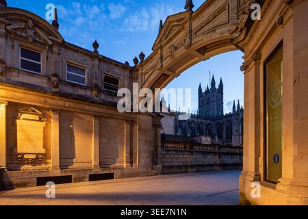 Bath Abbey seen through the Archway at dawn. Bath, Somerset, England. Stock Photo