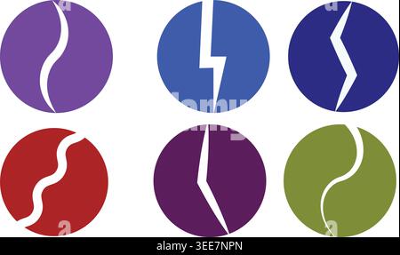 Six abstract circles with white wavy lines and lightning bolt shapes. Stock Vector