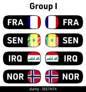 World Football 2026 national flags and country codes participating teams in group I France, Senegal, Iraq, Norway ready-to-use for 2026 world football Stock Vector