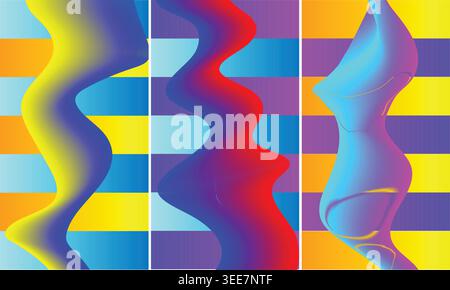 Abstract wavy lines with shifting gradient colors, presented over bright, multi-colored checkered backgrounds. Modern and vibrant visual art. Stock Vector