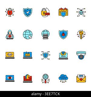 cybersecurity color line icons set. Vector isolated element. Editable stroke. Stock Vector