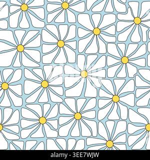 Playful retro daisy mosaic seamless pattern with soft blue lines and yellow flower centers. Modern floral design for wallpaper, fabric and stationery. Stock Photo