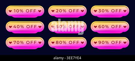 Set of neon summer discount banners with hearts, marketing coupons in many percentage variations, offers from 10% to 90%, ultra acid vector buttons to Stock Vector