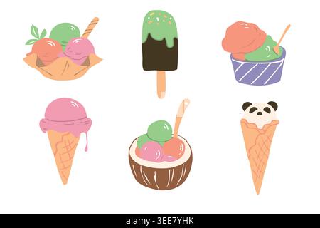 Cute pastel Ice cream collection set with popsicles and cones hand drawn style Stock Vector