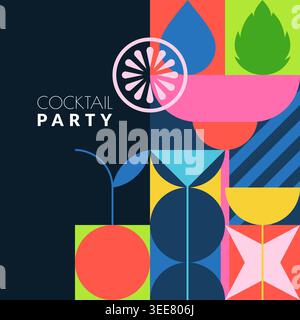 Cocktail party banner with abstract geometric shapes. Minimalist vector illustration of glasses, citrus, and mint. Modern flyer for bar or event Stock Vector