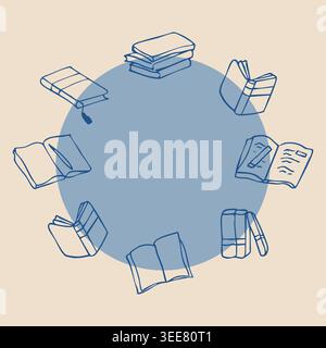 Hand drawn book doodle roud frame with open books stack Stock Vector