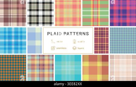 Plaid pattern set for birthday party accessories. Tartan textures elevate decorations, invites, and gift wraps. Seamless vectors align edges. Stock Vector