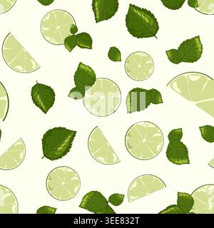 Minimalist Seamless Pattern Vector with Fresh Lime Slices and Mint Leaves on Pale Green Background for Mojito Branding Textile and Summer Packaging Stock Vector