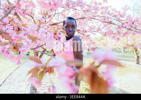 Dreamy black woman posing with pink sakura flowers in sunny spring garden Stock Photo