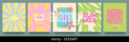 An abstract set of greeting cards with the inscription Summer Atmosphere. Hand-drawn waves, leaves, and flowers in boho style. Template for packaging, Stock Vector