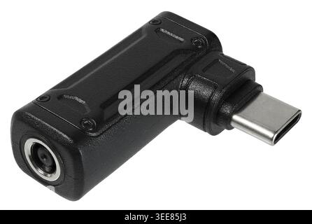 Black USB-C power adapter on white background Stock Photo