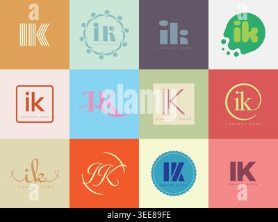 IK logo company template. Letter i and k logotype. Set different classic serif lettering and modern bold text with design elements. Initial font typog Stock Vector