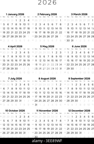 Professional 2026 Annual Calendar Template A4 Minimalist Full Year Planner for Corporate Scheduling and Project Timeline Stock Vector