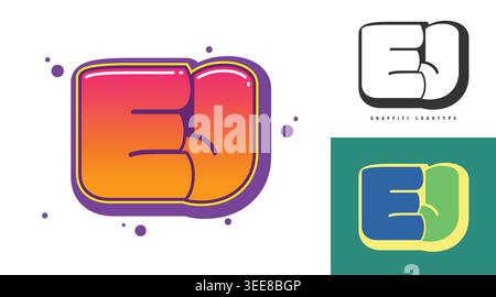 EJ logo design for festival or party. Initial letter e and j in graffiti style. Creative modern lettering company name of font typography. Kids trendy Stock Vector