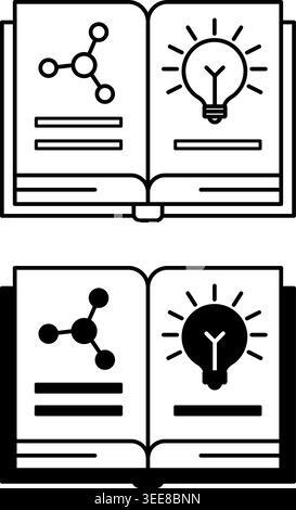 Theory Icons. Line and Glyph Vector Icons. Open Book, Glowing Light Bulb, and Molecules. Scientific Explanation of Certain Phenomena. Concept Idea Stock Vector