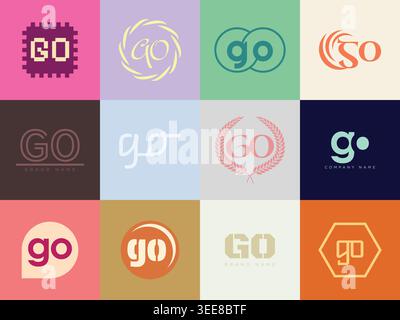 GO logo company template. Letter g and o logotype. Set different classic serif lettering and modern bold text with design elements. Initial font typog Stock Vector