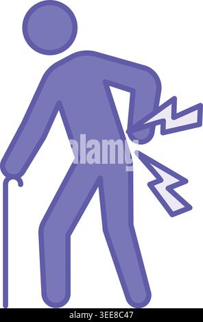 Colored Back Pain Icon. Vector Illustration. Man Bent Over in Pain with Cane. Injury, Disease, Medicine. Disability Concept Stock Vector