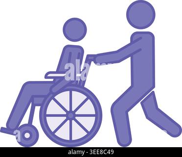 Colored Caregiver Icon. Vector Illustration. Man in Wheelchair and His Assistant. Medical, Accessibility. Disability Concept Stock Vector