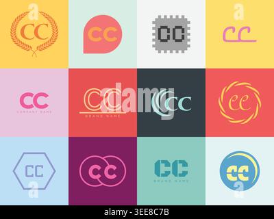 CC logo company template. Letter c and c logotype. Set different classic serif lettering and modern bold text with design elements. Initial font typog Stock Vector