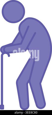 Colored Cane Icon. Vector Illustration. Bent Old Man Leaning on Cane. Illness, Medicine. Disability Concept Stock Vector