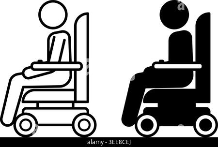 Mobility Aid Icons. Black and White Vector Illustration. Disabled Person on Wheelchair Scooter. Medicine, Accessibility. Disability Concept Stock Vector