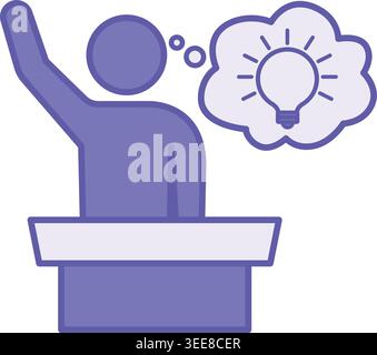 Purple Having Idea Icon. Vector Icon. Person behind a Podium Waving Hand, Speech Bubble, and Glowing Light Bulb. The Moment of Inception of a Plan, Co Stock Vector