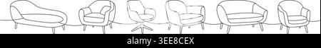 Line art of modern lounge chairs and sofas. Minimalist contour collection for interiors Stock Vector