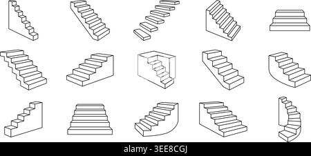 Outline staircase icon set. 16 vector illustrations of different stair Stock Vector