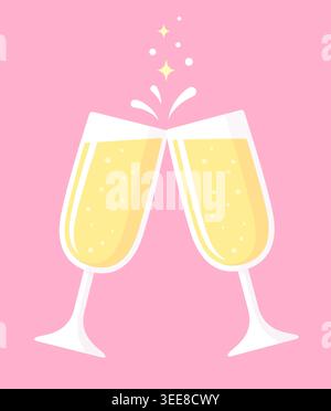 Cheers, two glasses of champagne on pink background. Wedding, birthday or New Year celebration. Vector illustration. Stock Vector