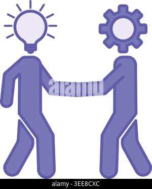 Purple Collaboration Icon. Vector Icon. Two People Shaking Hands. Glowing Light Bulb and Gear. Business, Teamwork, and Investor Acquisition. Concept I Stock Vector
